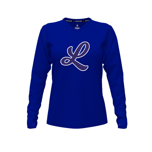 [CUS-DFW-TEES-CMF-VNK-LSL-RYL-FYXS-LOGO2] Decker Comfort T-Shirt (Female Youth XS, Royal, V Neck, Logo 2, Long Sleeve)