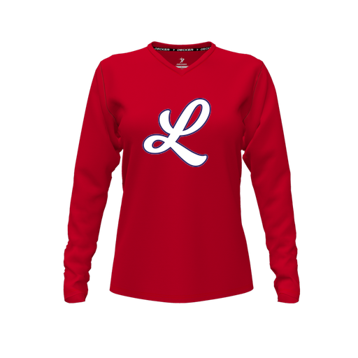 [CUS-DFW-TEES-PER-VNK-LSL-RED-FYXS-LOGO1] Performance T-Shirt (Female Youth XS, Red, V Neck, Logo 1, Long Sleeve)